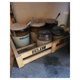 Vintage Condiment Jars in Wood Crate (Lot of 4)