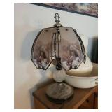 Vintage Native American Motif Glass-Panel Table Lamp and water basin