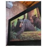Bear Framed Print - Bear Family Scene & Carved Bear Statue w/ Log