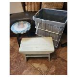 Farmhouse Decor Set: Pear-Top Round Stool, White-Washed Storage Bench, Rolling Laundry Hamper