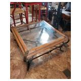 Coffee Table - Glass Top, Wood Frame with Iron Base