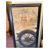 Route 66 California Framed Wall Art - Vintage Map & Wheel, Black Frame