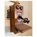 The Country Bell Vintage Wall-Mount Telephone with Dual Brass Bells and Wood Backboard
