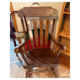 Antique Carved Wood Rocking Chair - Floral Crest Back, 5 Spindles