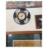 Rustic Wildlife Wall Clock with Silhouette Rim - 2 Framed Nature Prints (3-Piece Wall Decor Set)