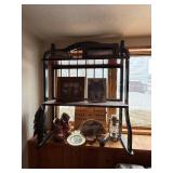 Three-Tier Vintage Display Shelf with Wolf Portrait, Oil Lantern & Small Decor