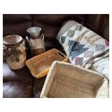 Vintage Galvanized Milk Can, Wicker Baskets & Patchwork Quilt (Lot of 4)