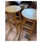 Stools - Natural Wood Round-Seat Bar/Counter Stools with Ladder Footrests (Pair)