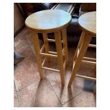 Stools - Natural Wood Round-Seat Bar/Counter Stools with Ladder Footrests (Pair)