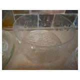Amber Glass Serving Dish, Clear Embossed Bowls and Two Plates - 5Piece Set