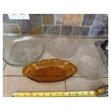 Amber Glass Serving Dish, Clear Embossed Bowls and Two Plates - 5Piece Set