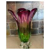 Gradient Purple-Green Glass Vase - Flared Petal Rim, 11 in Tall