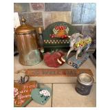 Vintage Copper Kettle, Painted Horse Figurine, Welcome Sign & Heart Decor Set