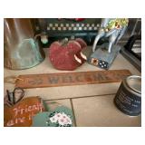 Vintage Copper Kettle, Painted Horse Figurine, Welcome Sign & Heart Decor Set