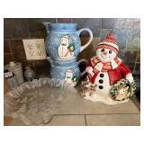 Snowman Ceramic Pitchers (2) - Snowman Cookie Jar - Frosted Glass Christmas Cake Stand