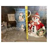 Snowman Ceramic Pitchers (2) - Snowman Cookie Jar - Frosted Glass Christmas Cake Stand