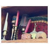 Brass Candle Holders Set with Pink Tapers, Glass Hurricane & Ceramic Figurine