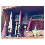 Brass Candle Holders Set with Pink Tapers, Glass Hurricane & Ceramic Figurine