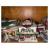 Department 56 Holiday Village Pieces including Harley-Davidson Tin Motorcycles & Rollorama Village Snow Scene