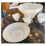 Hocking Grapes Milk Glass Bowl Set - Large Embossed Centerpiece Bowl & Teacups & Ribbed Bowl