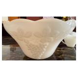 Hocking Grapes Milk Glass Bowl Set - Large Embossed Centerpiece Bowl & Teacups & Ribbed Bowl