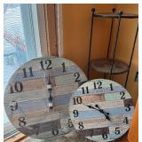 Left of Hutch - Round Clock Face Panels - Distressed Wood Wall Decor (Set of 2) and 3 tiered shelf/plant stand with black metal frame (lot of 3 items)