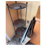 Left of Hutch - Round Clock Face Panels - Distressed Wood Wall Decor (Set of 2) and 3 tiered shelf/plant stand with black metal frame (lot of 3 items)