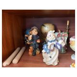 shelf inside Hutch - Assorted Vintage Figurines & Decor - Duck, Snowmen, Apples & Candlesticks