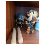 shelf inside Hutch - Assorted Vintage Figurines & Decor - Duck, Snowmen, Apples & Candlesticks