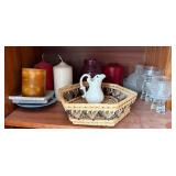 shelf inside Hutch - White Porcelain Mini-Pitcher in Woven Basket with Glass Goblets & Candles