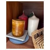 shelf inside Hutch - White Porcelain Mini-Pitcher in Woven Basket with Glass Goblets & Candles