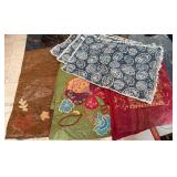 Brown bag near Hutch - Embroidered Floral Fabric Table Runners and 3 Easter Placemats- Brown, Green Olive, Navy Paisley & Red Damask