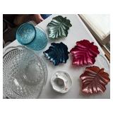 Dining Room - Glass Punch Bowl, Teal Ribbed Jar, Rose Pattern mini-Creamer on Saucer & Leaf-Shaped Dishes (Lot of 8)