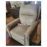 Beige Leather Recliner Chair with Nailhead Trim