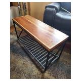 Industrial Coffee Table - Solid Wood Top, Black Metal Frame, Slatted Lower Shelf