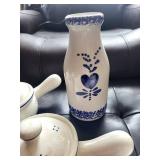 Delft-Style Blue Floral Condiment Set with 4 Lidded Pots and Bottle Vase