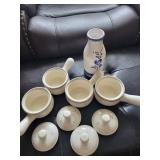 Delft-Style Blue Floral Condiment Set with 4 Lidded Pots and Bottle Vase