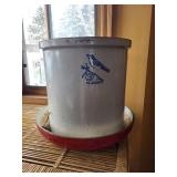 Bluebird Enamel Canister - White Cylindrical Jar with Bird Logo on Red Pedestal Base