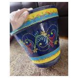 Ceramic Planter Pot - Blue with Yellow Band and Floral Scroll Design