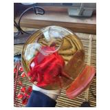 Metal 3-Candle Candelabra & Glass Rose Globe & ladybug Wall Art