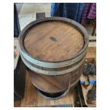 Barrel End Table - Rustic Whiskey Barrel with Storage Shelves, Wood & Metal Bands