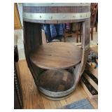 Barrel End Table - Rustic Whiskey Barrel with Storage Shelves, Wood & Metal Bands