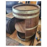 Barrel End Table - Rustic Whiskey Barrel with Storage Shelves, Wood & Metal Bands