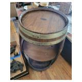 Barrel End Table - Rustic Whiskey Barrel with Storage Shelves, Wood & Metal Bands