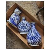 Blue & White Porcelain Vases & Cat Figurine (Lot of 3)