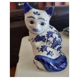 Blue & White Porcelain Vases & Cat Figurine (Lot of 3)