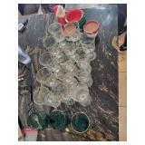 Christmas Holly Berry Stemware Glasses w/ Gold Rim & Green Goblets & Santa Planters