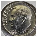 1964-P Kennedy Half Dollar, 1964-P Quarter, and 1964-P Dime, all in high grade from MS 64 to MS 67.