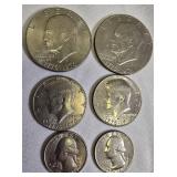 1776-1976 Bicentennial Coins: 2 Eisenhower Dollars, 2 Kennedy Half Dollars, and 2 Washington Quarters.
