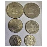 1776-1976 Bicentennial Coins: 2 Eisenhower Dollars, 2 Kennedy Half Dollars, and 2 Washington Quarters.